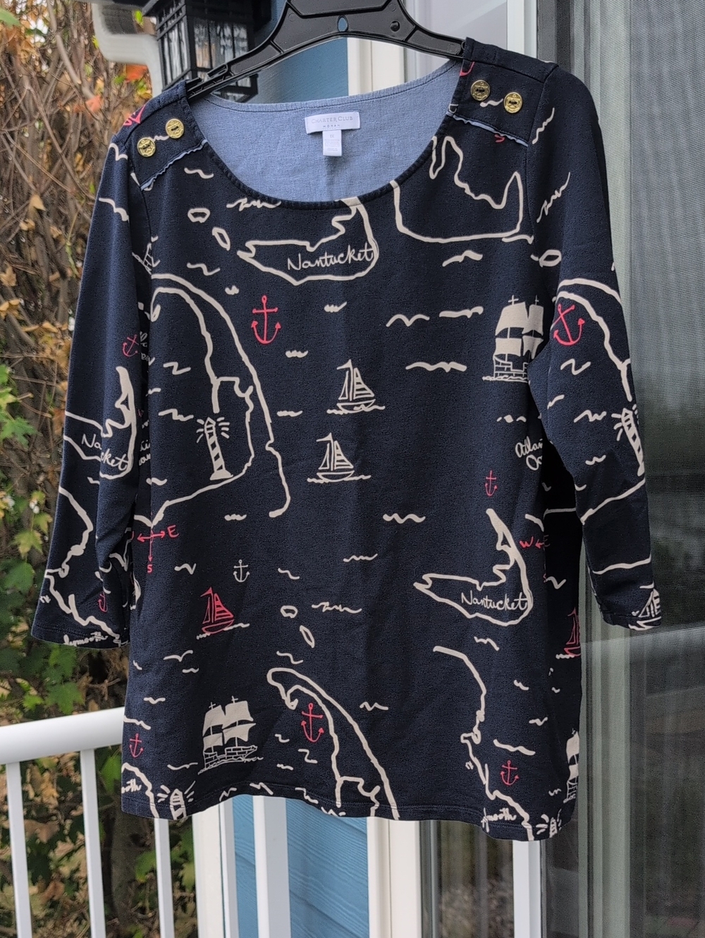 Charter Class Woman 1X Nautical Print Top - Navy with Cream & Pink Accents